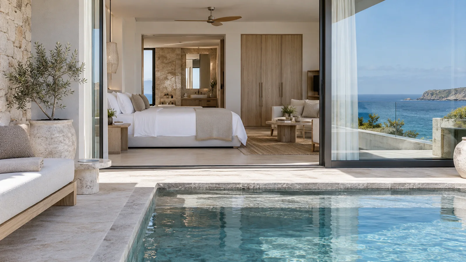 Oceanfront suite seen across a private pool with the bed, seating, storage, and bathroom clearly visible