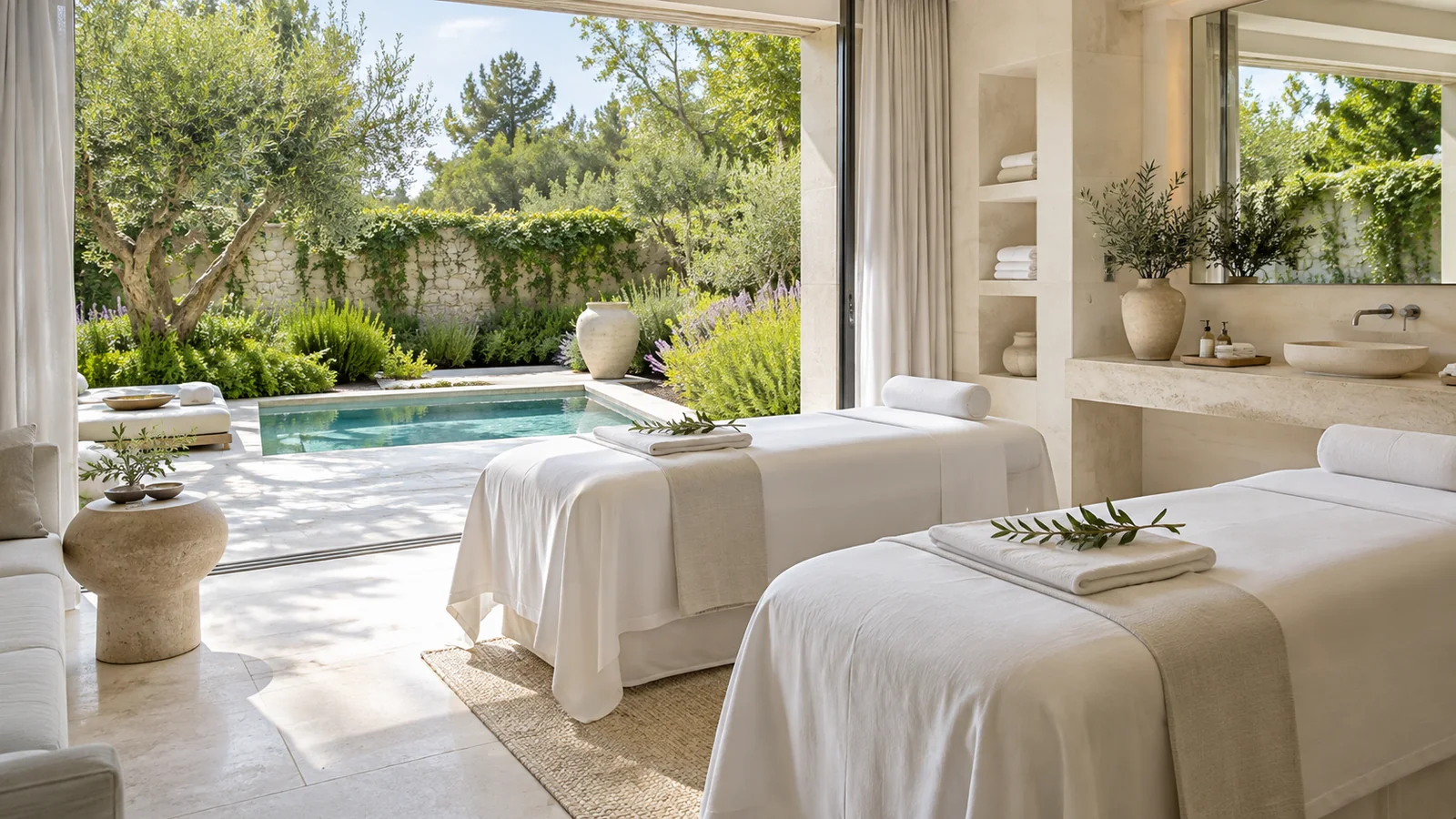 Light-filled wellness room with two cream treatment beds, a private garden, and a small pool