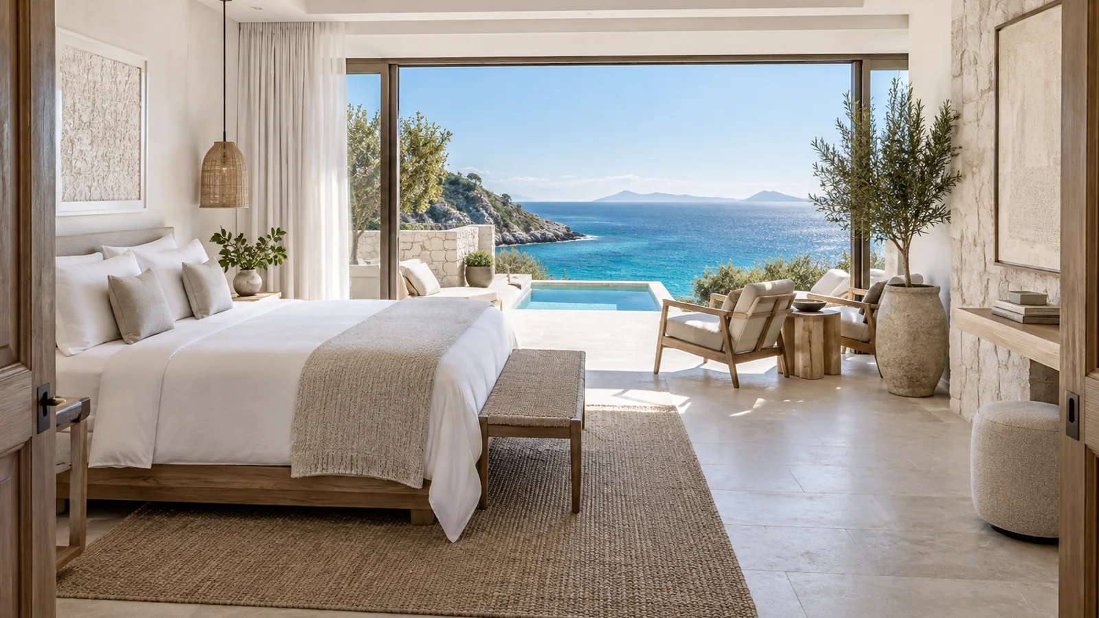 Bright boutique suite with a white bed, open terrace, lounge seating, plunge pool, and blue sea