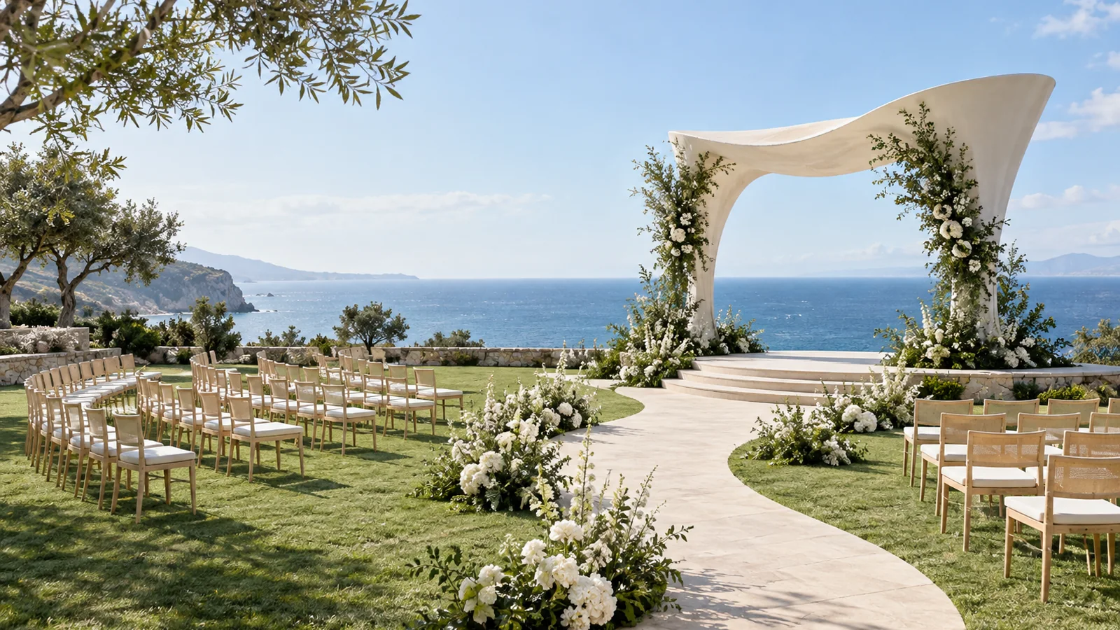 Bright oceanfront ceremony lawn with a curved pale aisle, sculptural canopy, and white flowers