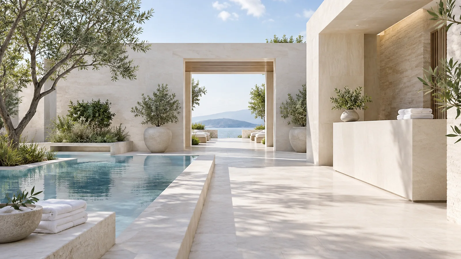 Bright spa arrival courtyard with cream stone, a blue reflecting pool, greenery, and folded towels