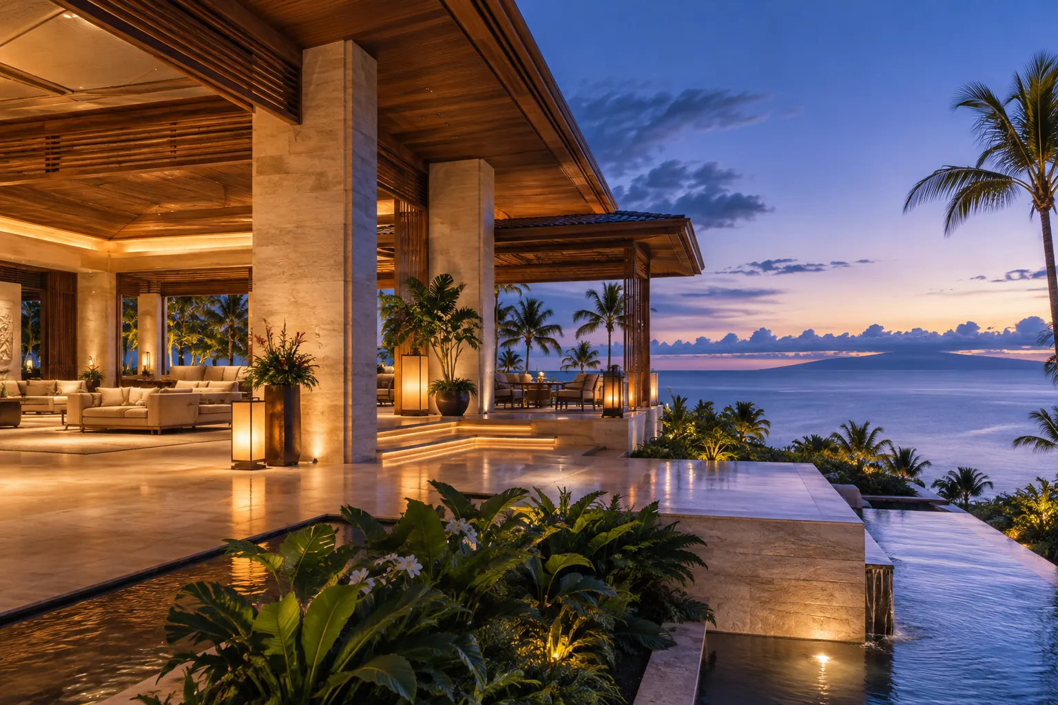 Open-air resort lobby glowing at blue hour with the ocean beyond