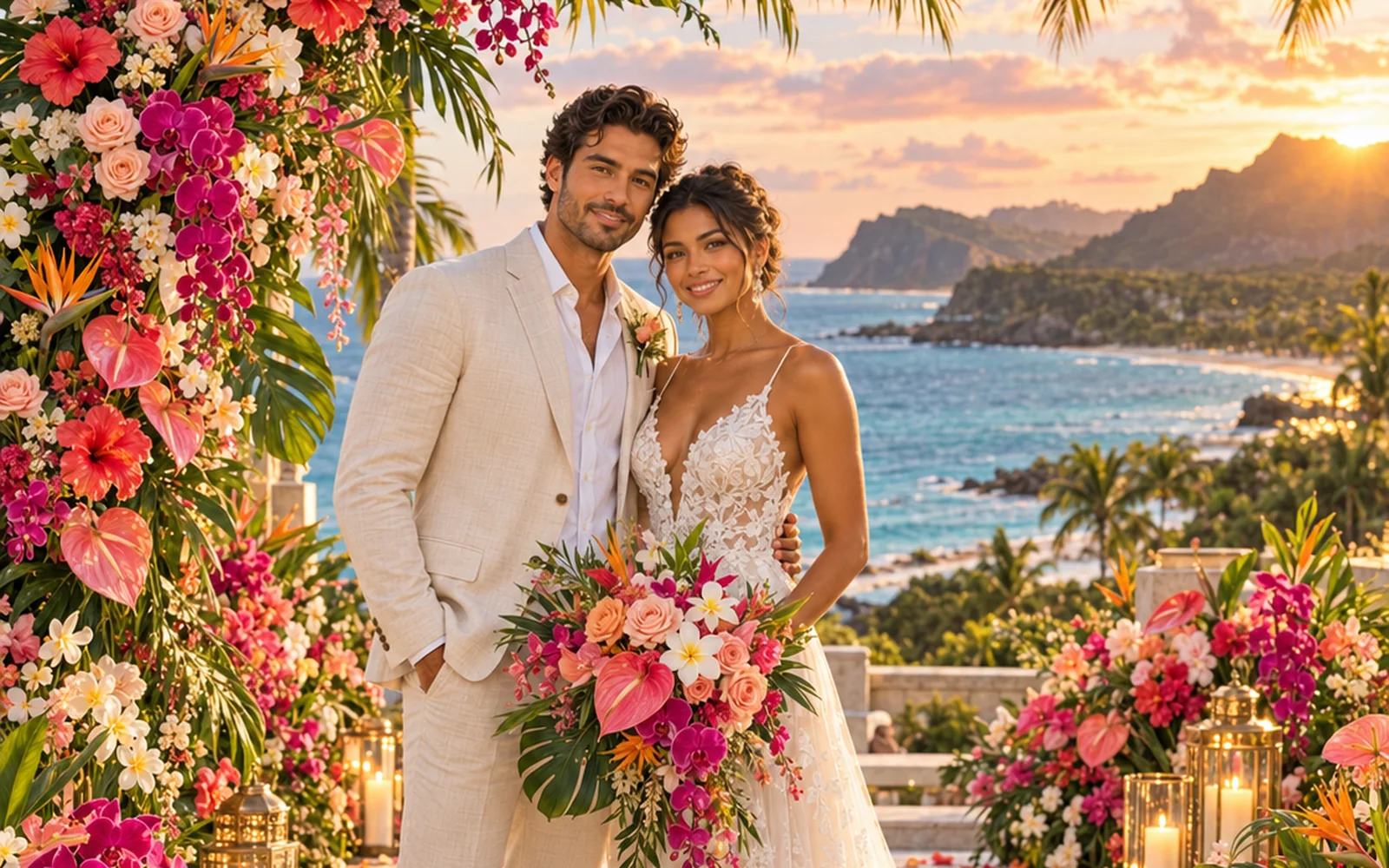 Couple beneath tropical flowers at sunset beside the ocean