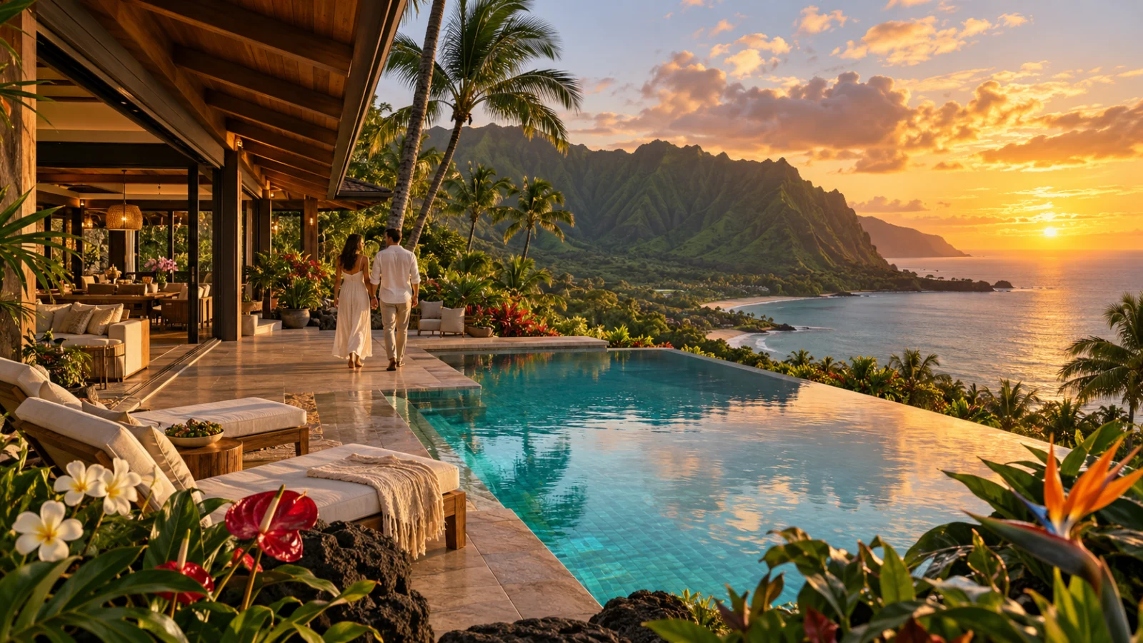 Couple walking beside an oceanfront residence and infinity pool at sunset