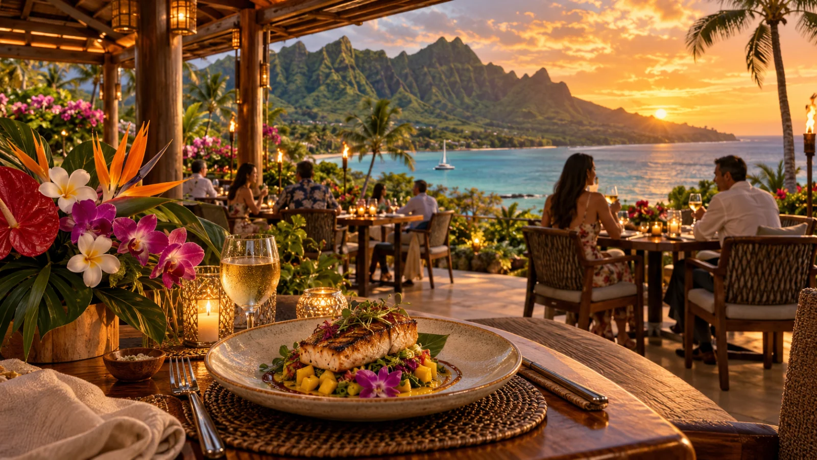 Guests dining in an open-air restaurant with tropical flowers and an ocean sunset