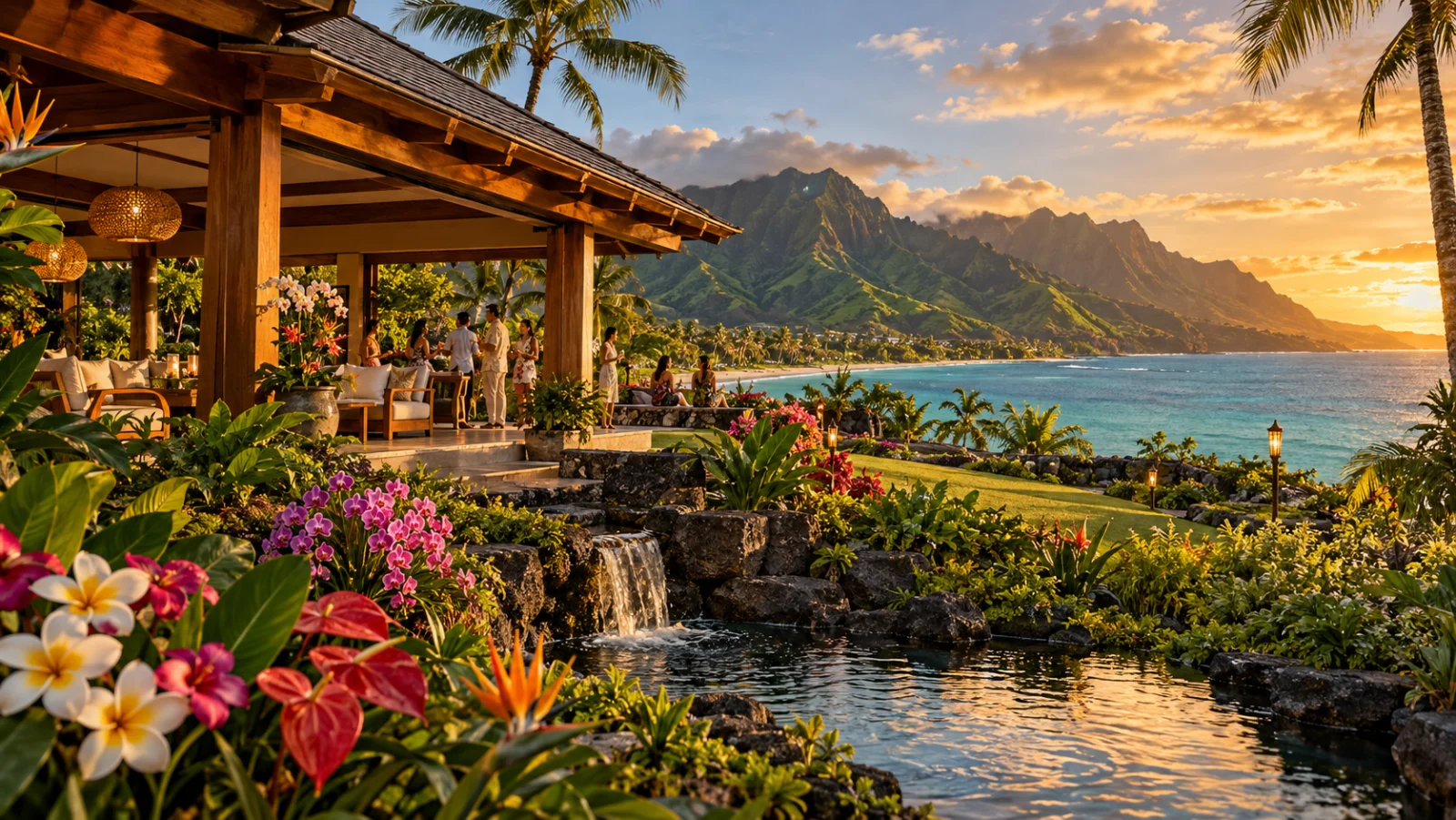 Tropical flowers beside a timber garden pavilion overlooking a green coastal mountain range