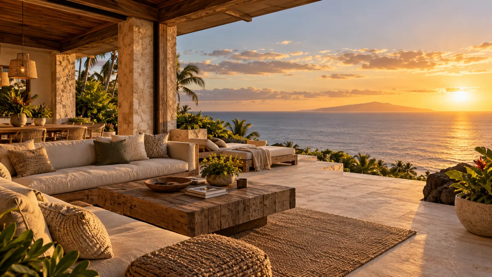 Golden-hour lanai opening to the Pacific