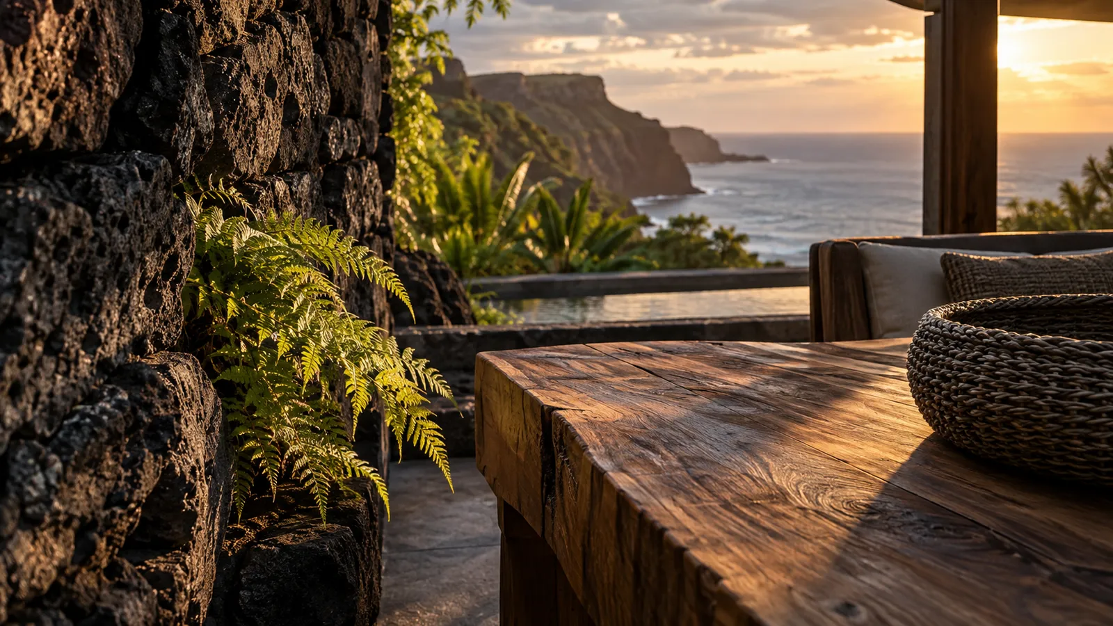 Volcanic stone and ferns beside a warm wood table overlooking the coast in late-afternoon light