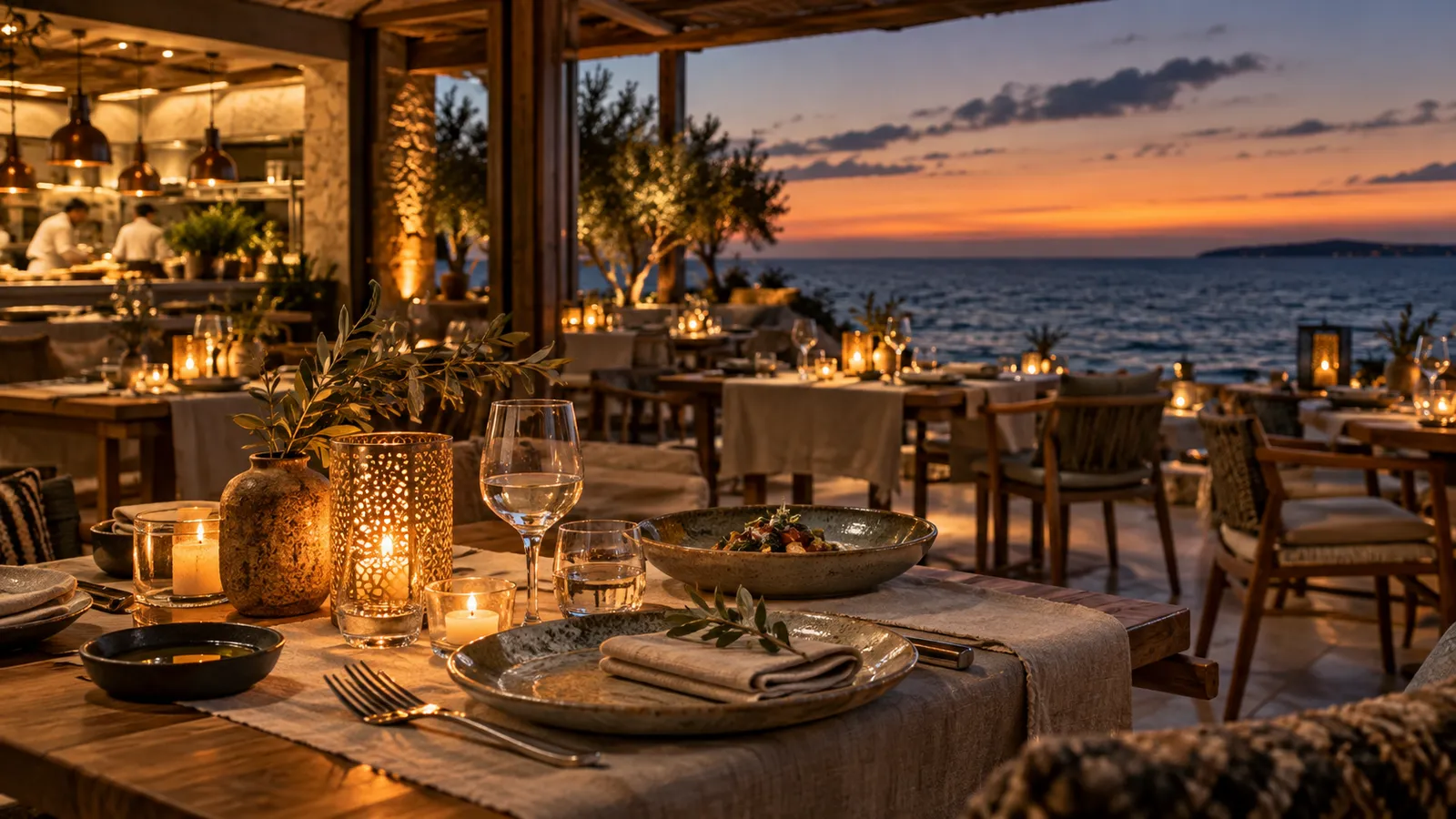 Candlelit open-air dining room at dusk, set tables facing a darkening ocean horizon