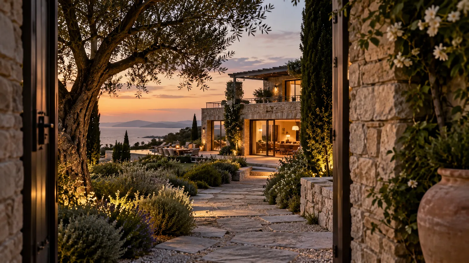 Layered architectural view of a path leading toward warmly lit rooms at dusk