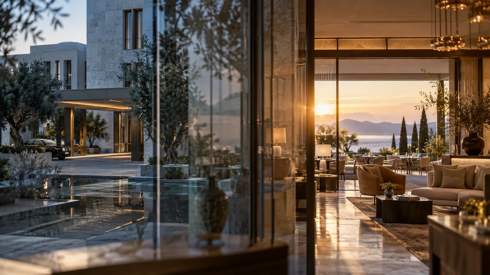 Hotel architecture seen through layered glass, one side cool and flat, the other warm and full of natural light