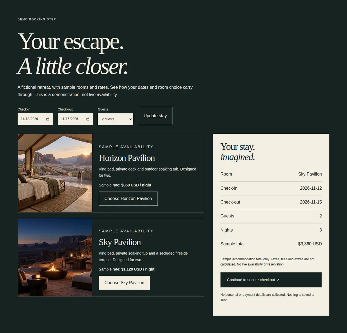 Private staging demonstration of the matching booking hand-off, with sample availability and totals