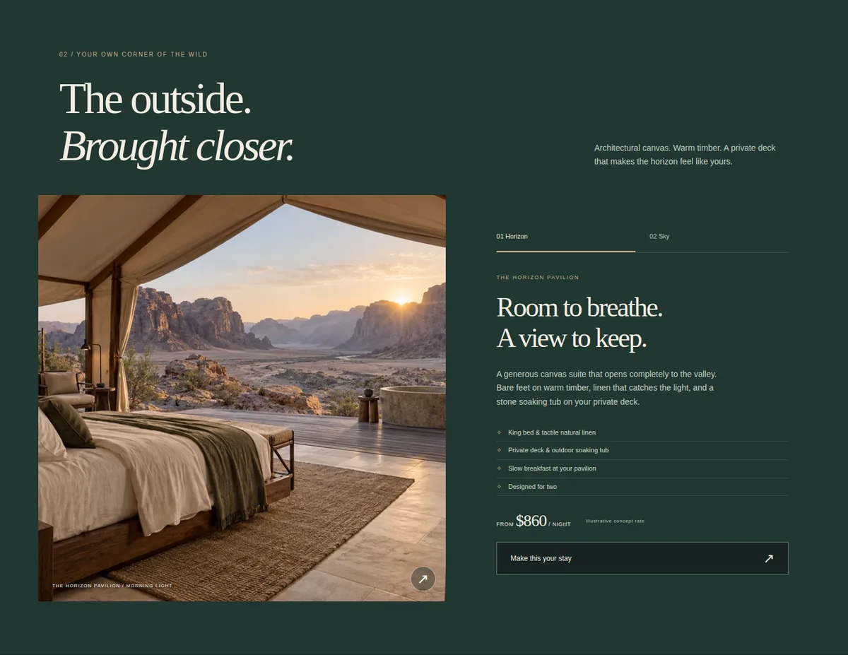 Horizon and Sky Pavilion choices with clearly illustrative room rates