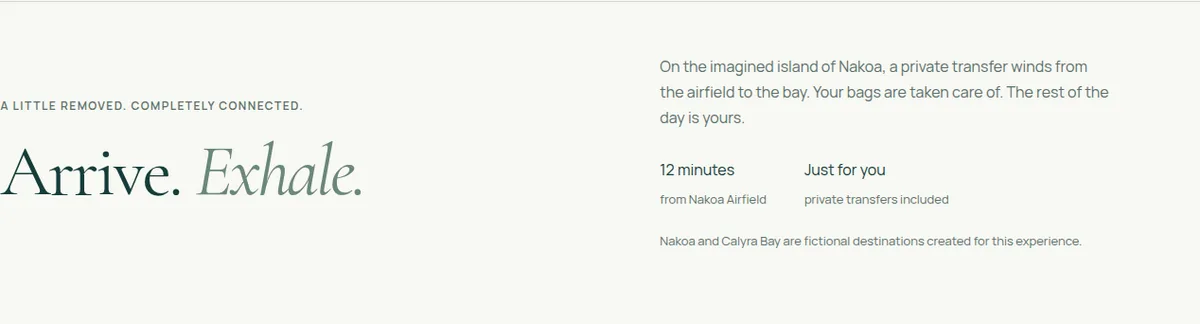 Calyra Bay’s arrival and location section, showing how a fictional island stay is introduced