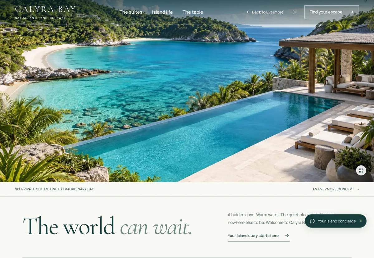 Calyra Bay’s cinematic opening with clear navigation and a stay invitation