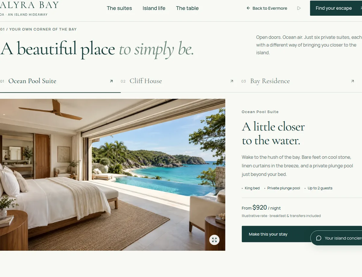 Calyra Bay’s room-discovery section, presenting the experience alongside practical details