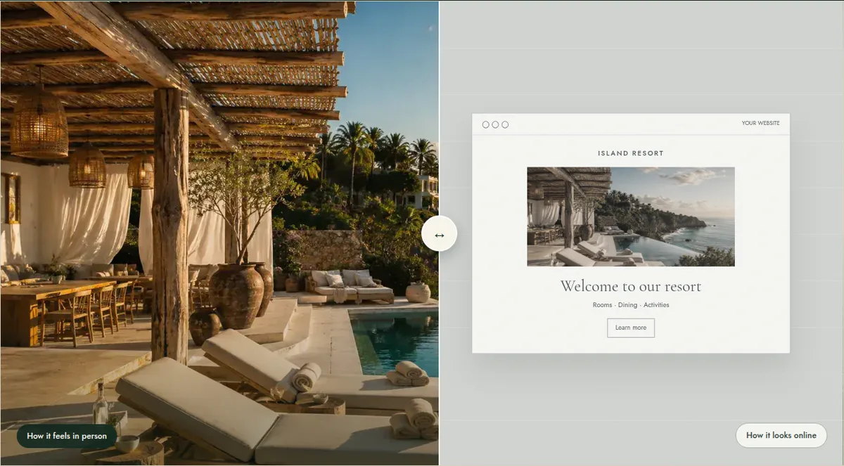 A fictional hospitality design comparison, showing the same property in an expressive and generic layout