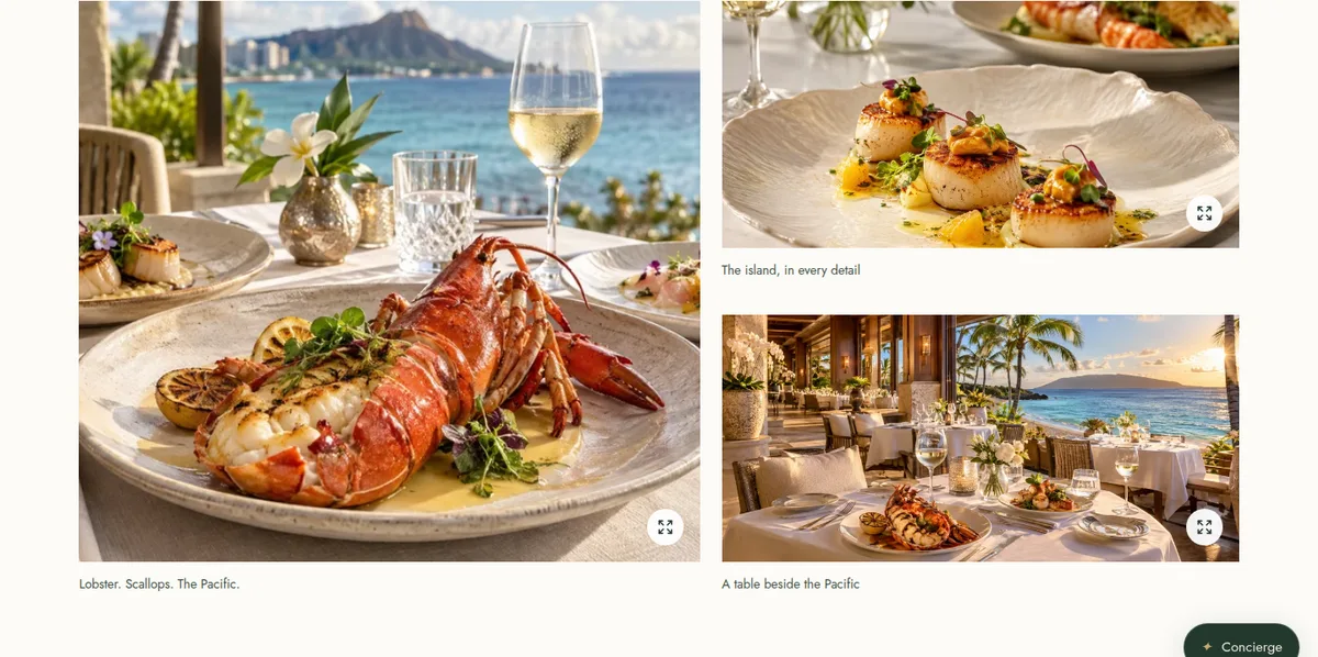 Kai Table’s dining gallery, introducing the restaurant’s evening atmosphere