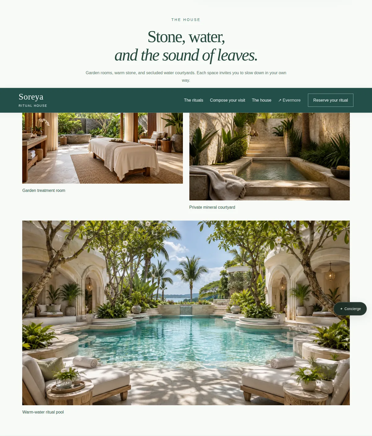 Soreya’s stone, water and garden textures as part of its website story