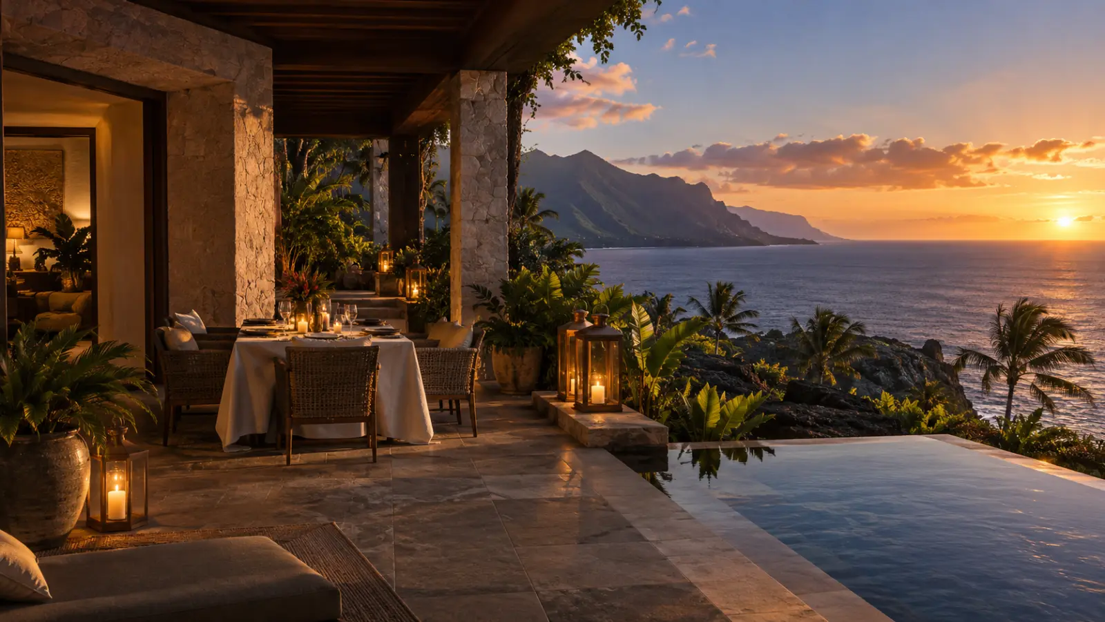 Oceanfront terrace in warm evening light