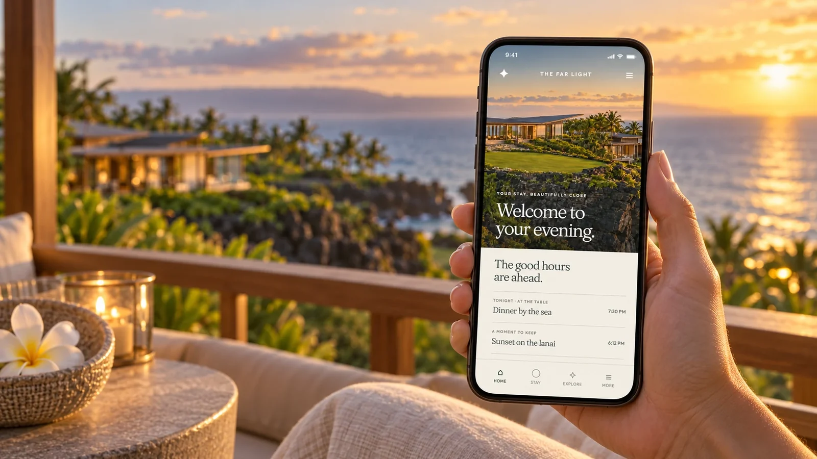 Fictional The Far Light guest app displayed on a phone held on a sunset lanai overlooking the ocean