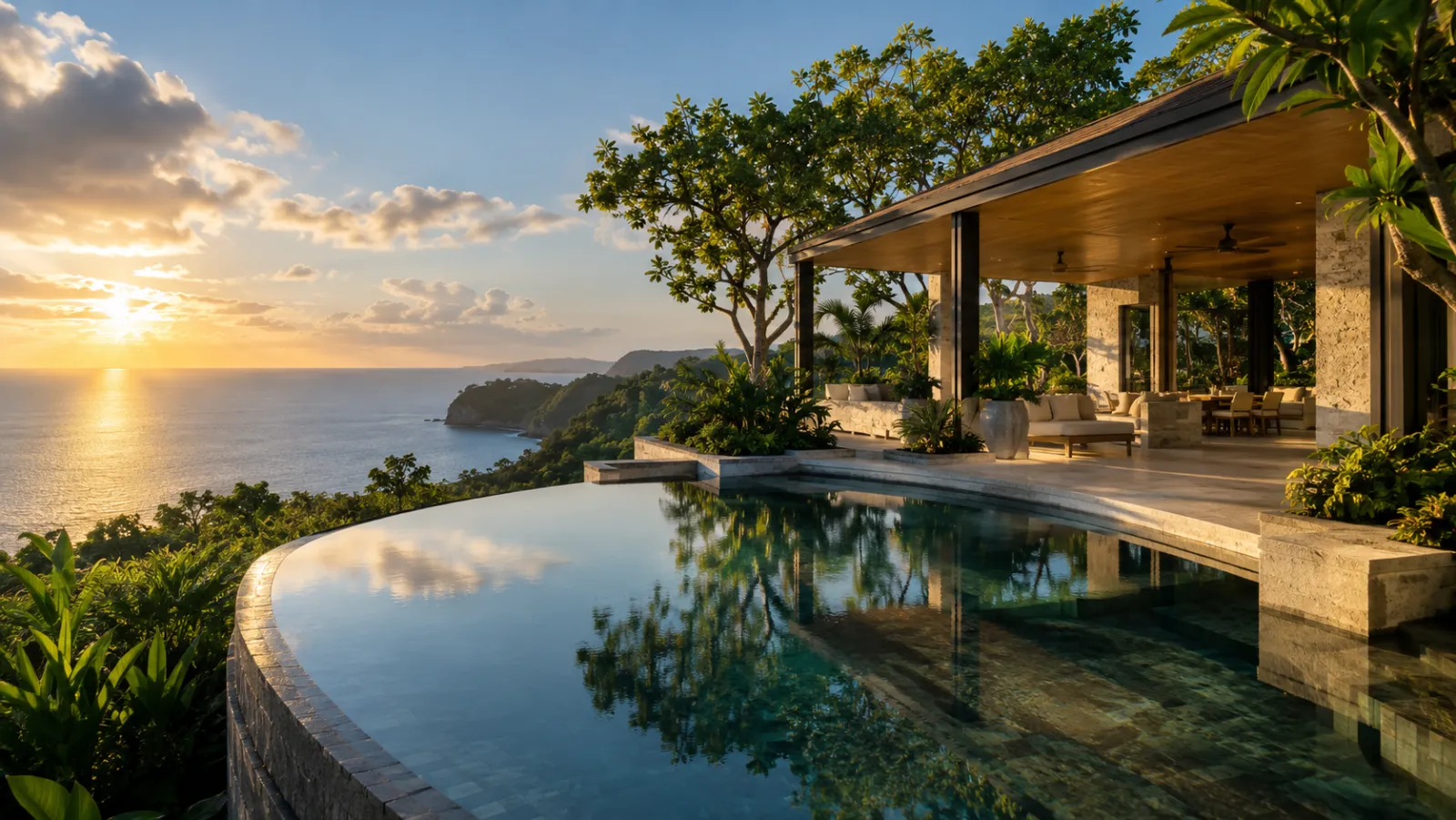 An imagined luxury Hawaiʻi setting in warm golden-hour light