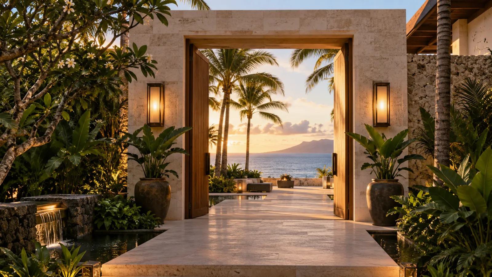 Open-air resort arrival framed by palms and warm evening light