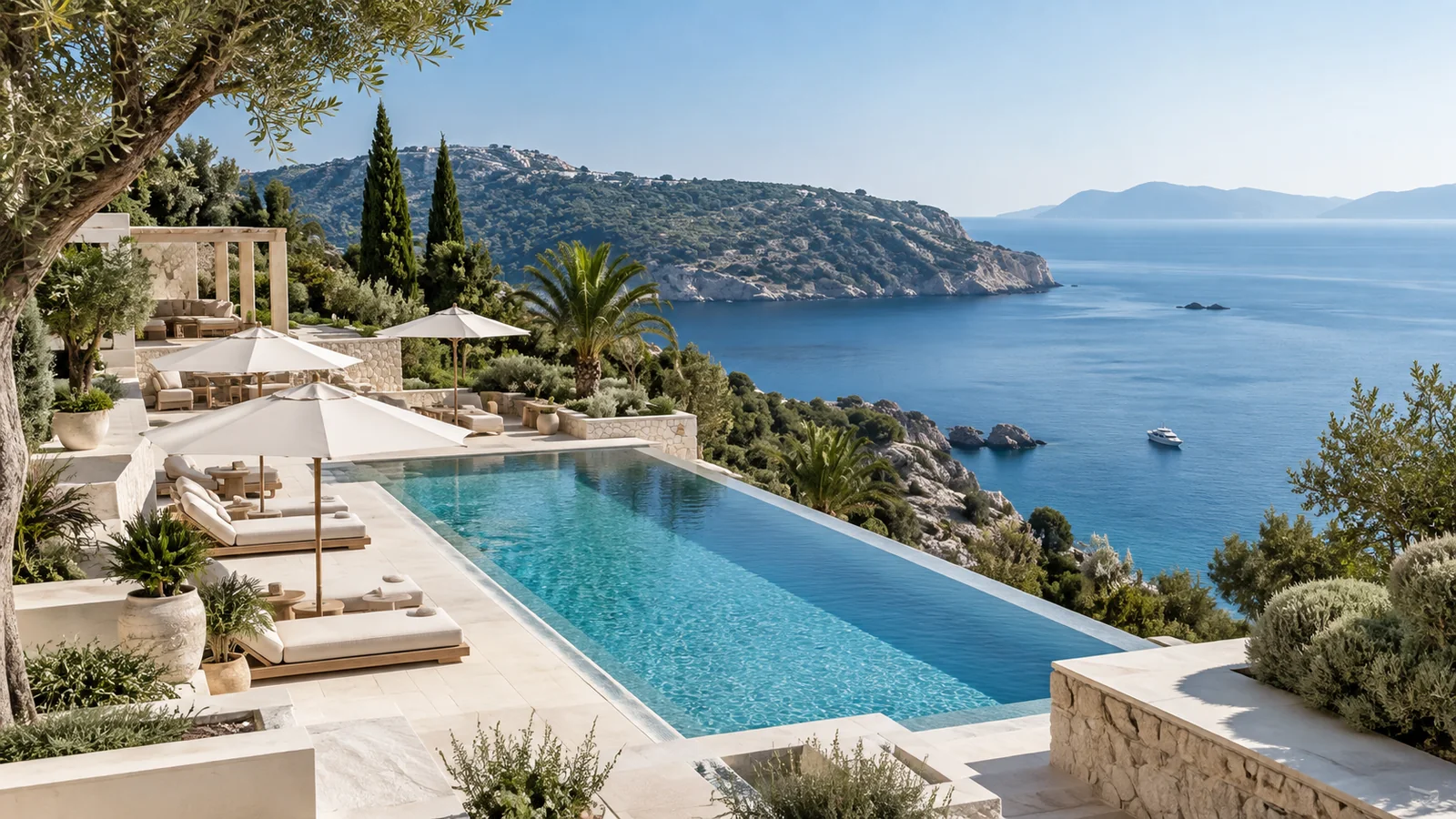 Bright coastal resort terrace with an infinity pool, cream stone, white umbrellas, and blue sea