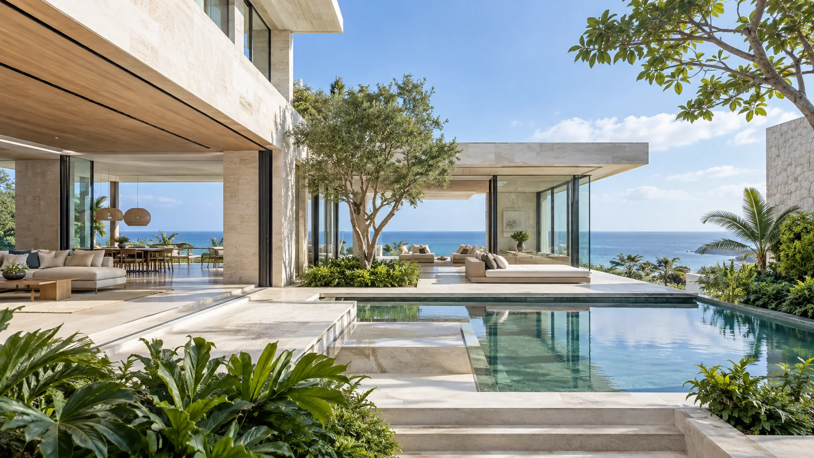 Modern tropical residence with pale stone, glass walls, a courtyard pool, and an ocean horizon