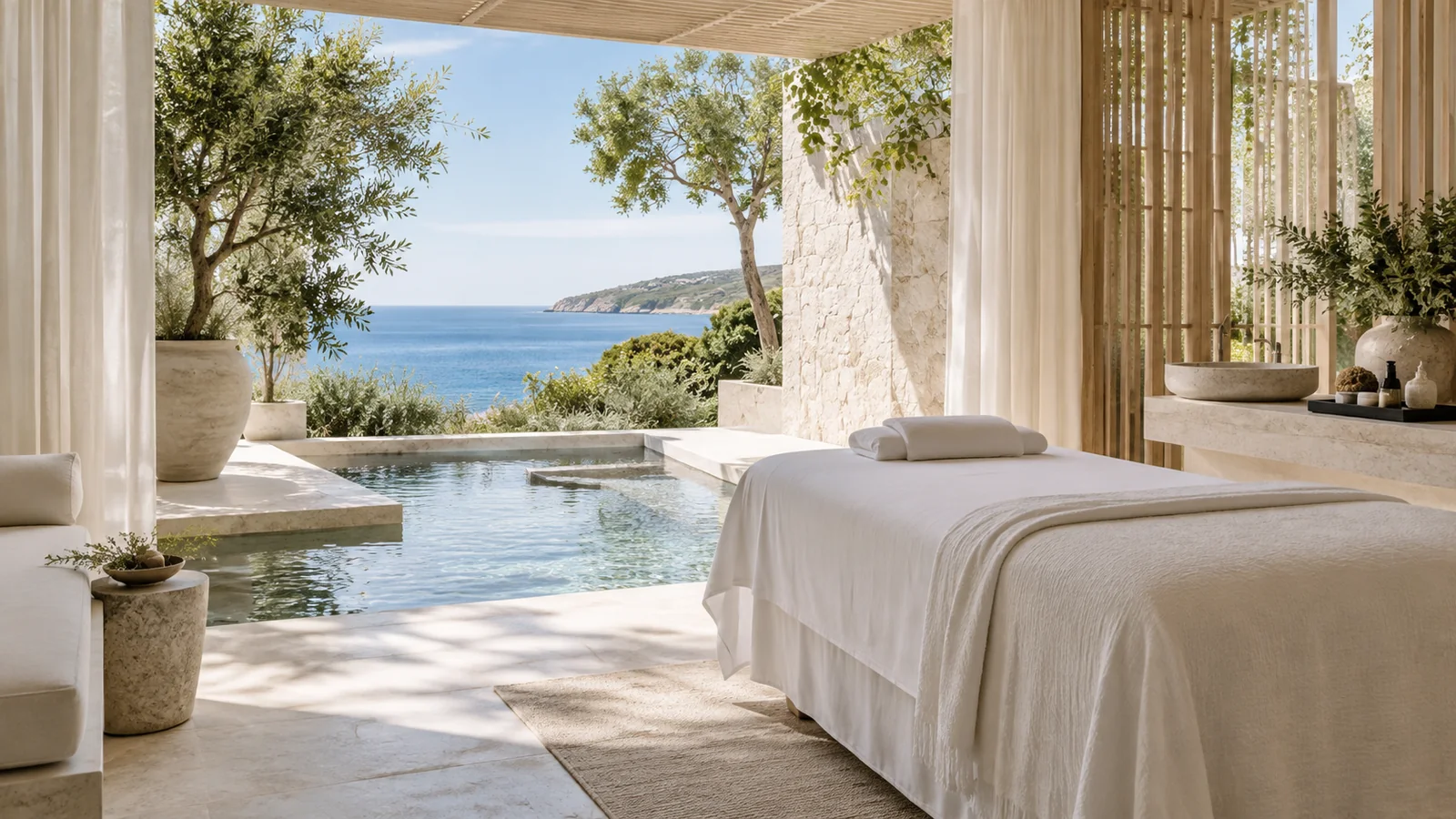 Light-filled coastal spa pavilion with white linen, cream stone, pale wood, and a reflecting pool