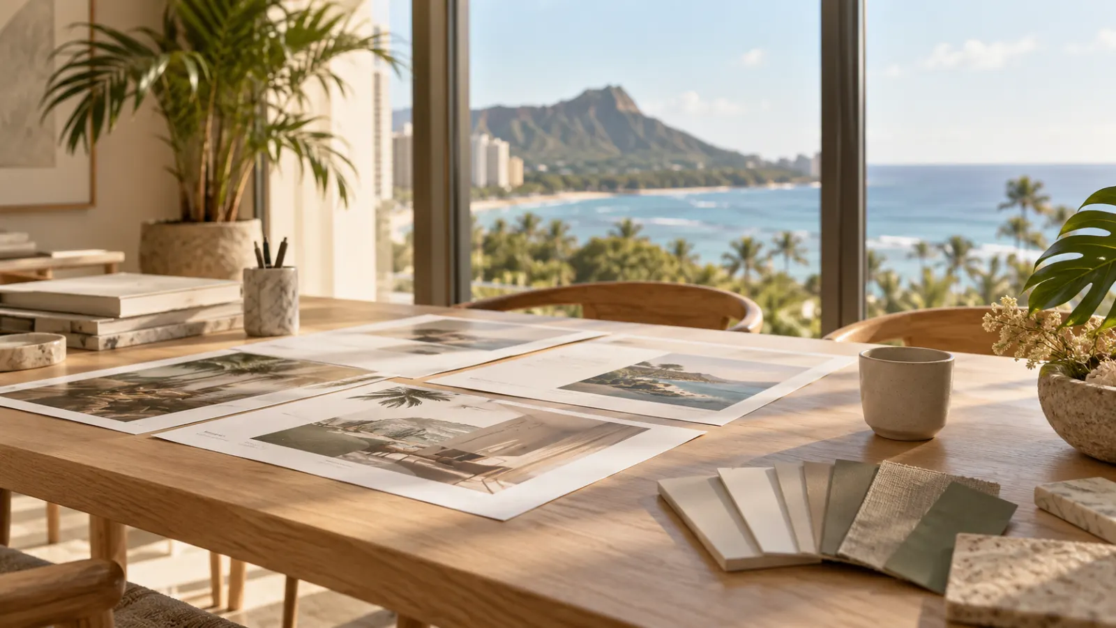 Printed website layouts and material swatches on a calm studio table in soft Honolulu light
