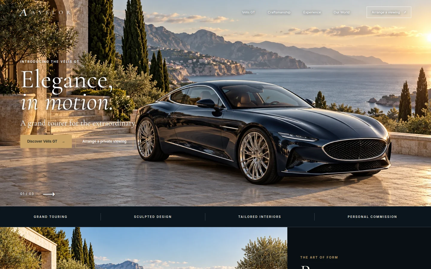 Midnight navy Vélis GT on a luminous Mediterranean coastal terrace
