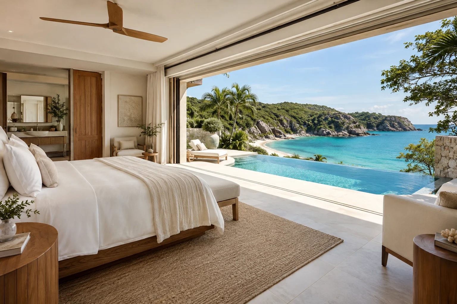 An open-air ocean suite in the fictional Calyra Bay hotel