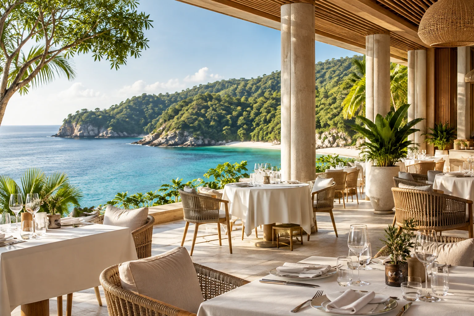 A sunlit open-air dining pavilion overlooking the turquoise Calyra Bay