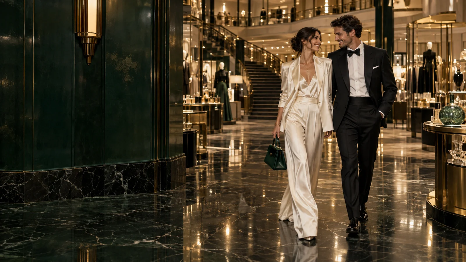 Fashion models in black evening tailoring and ivory satin in an emerald flagship hall