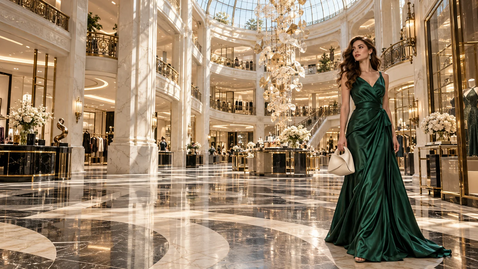 Emerald silk fashion in a grand marble, brass and glass department-store atrium
