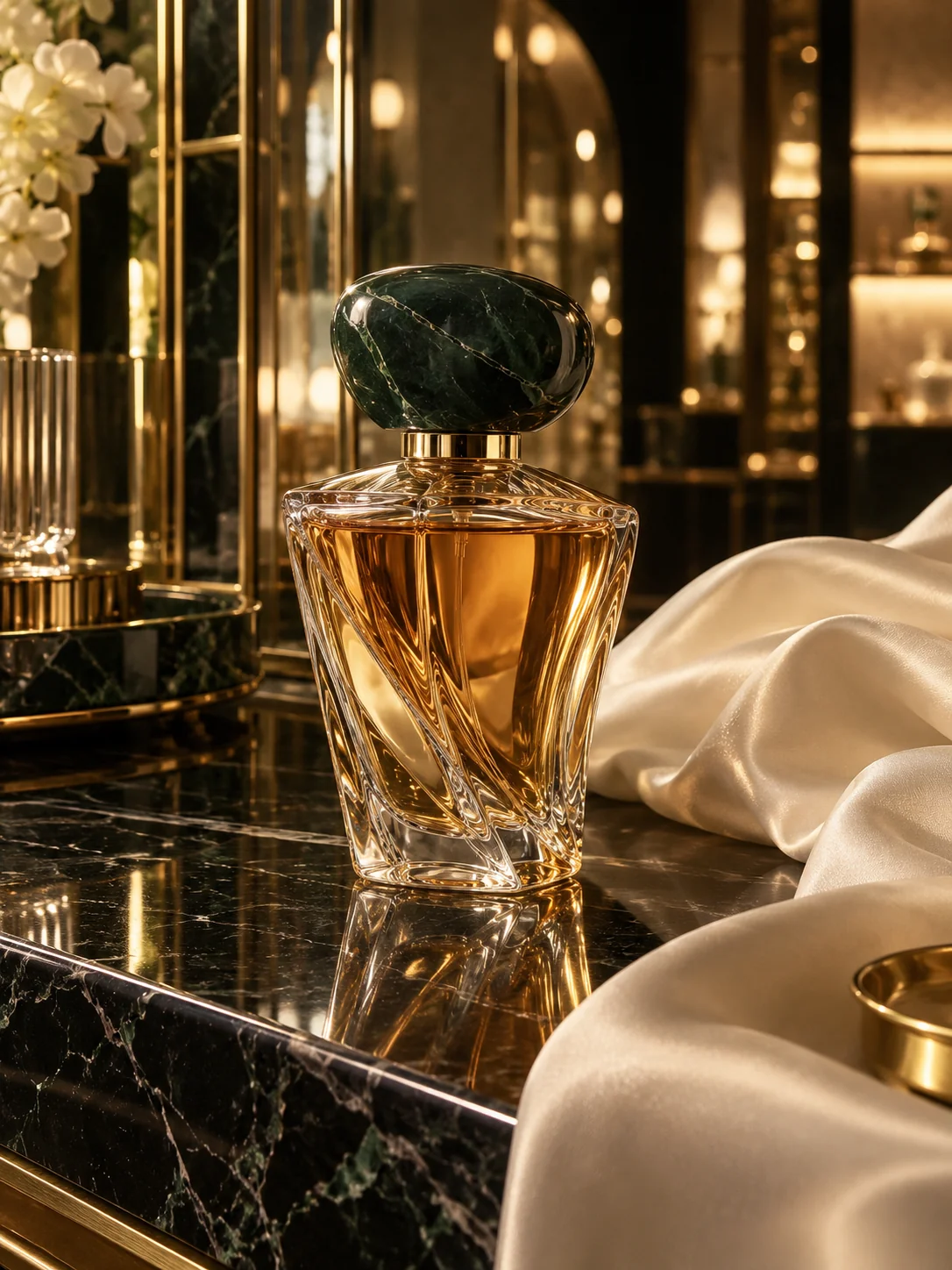 Amber fragrance in sculptural glass with a green stone cap on black marble