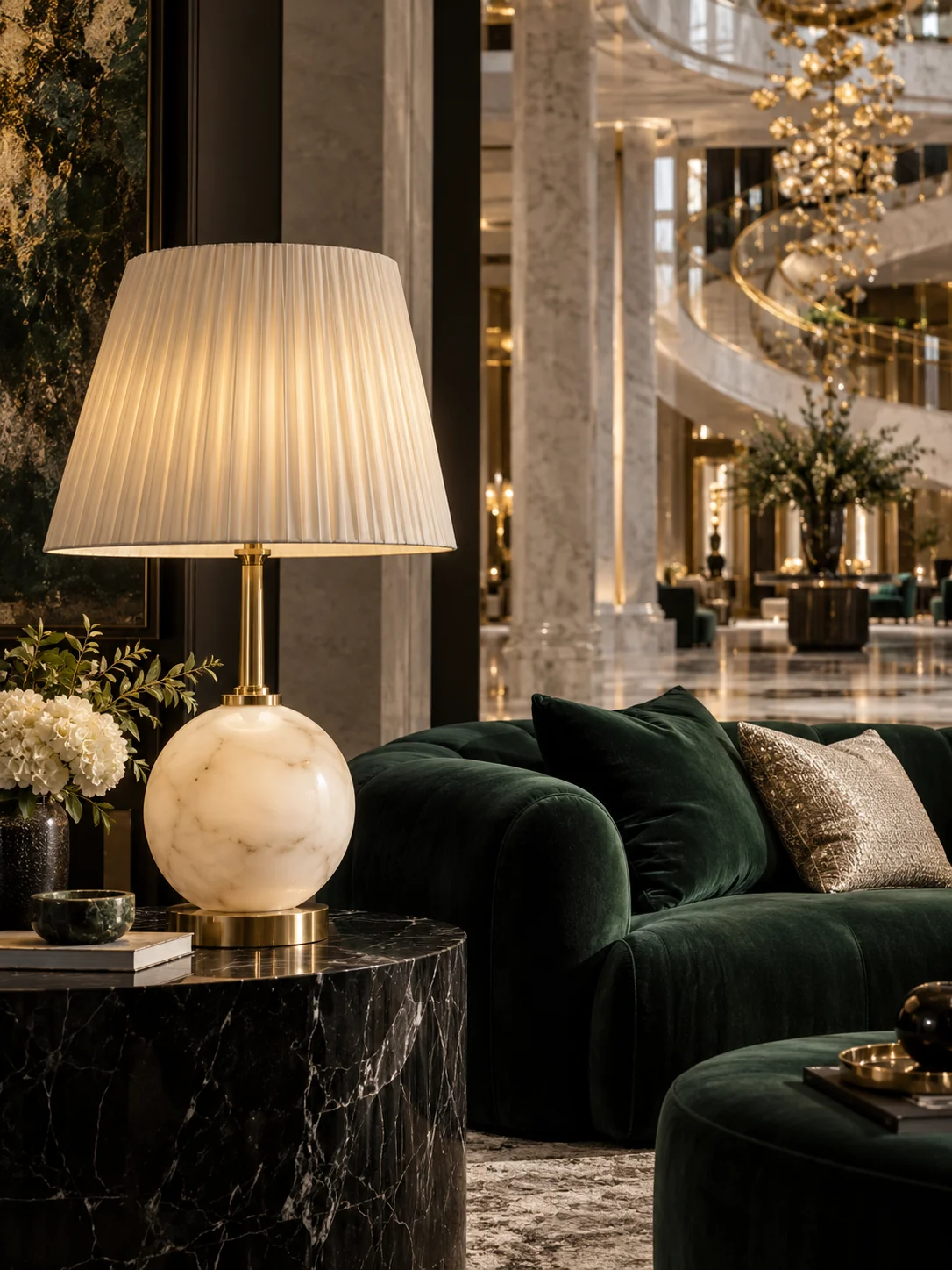Ivory stone and brass table lamp beside emerald velvet in a grand retail interior