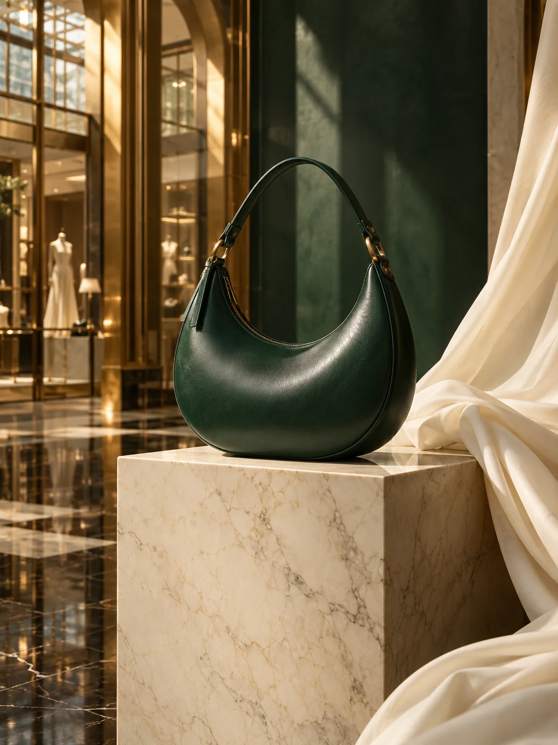 Sculptural emerald leather bag on marble beside ivory silk