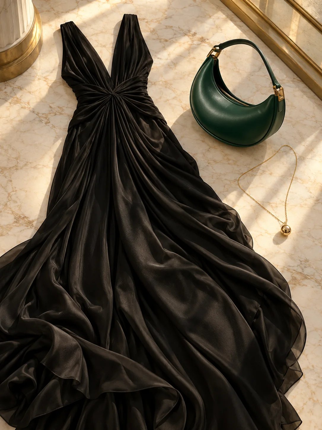 Black draped evening gown, emerald leather bag and gold pendant styled on ivory marble