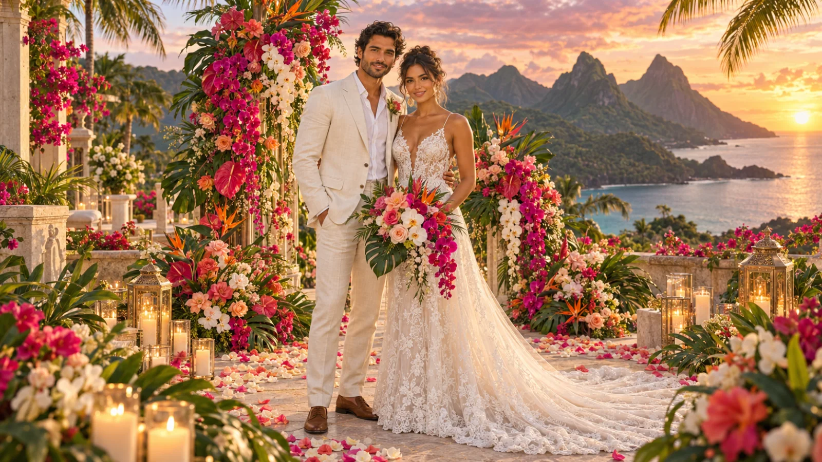 A wedding couple with a bouquet among tropical flowers, with an island sunset beyond