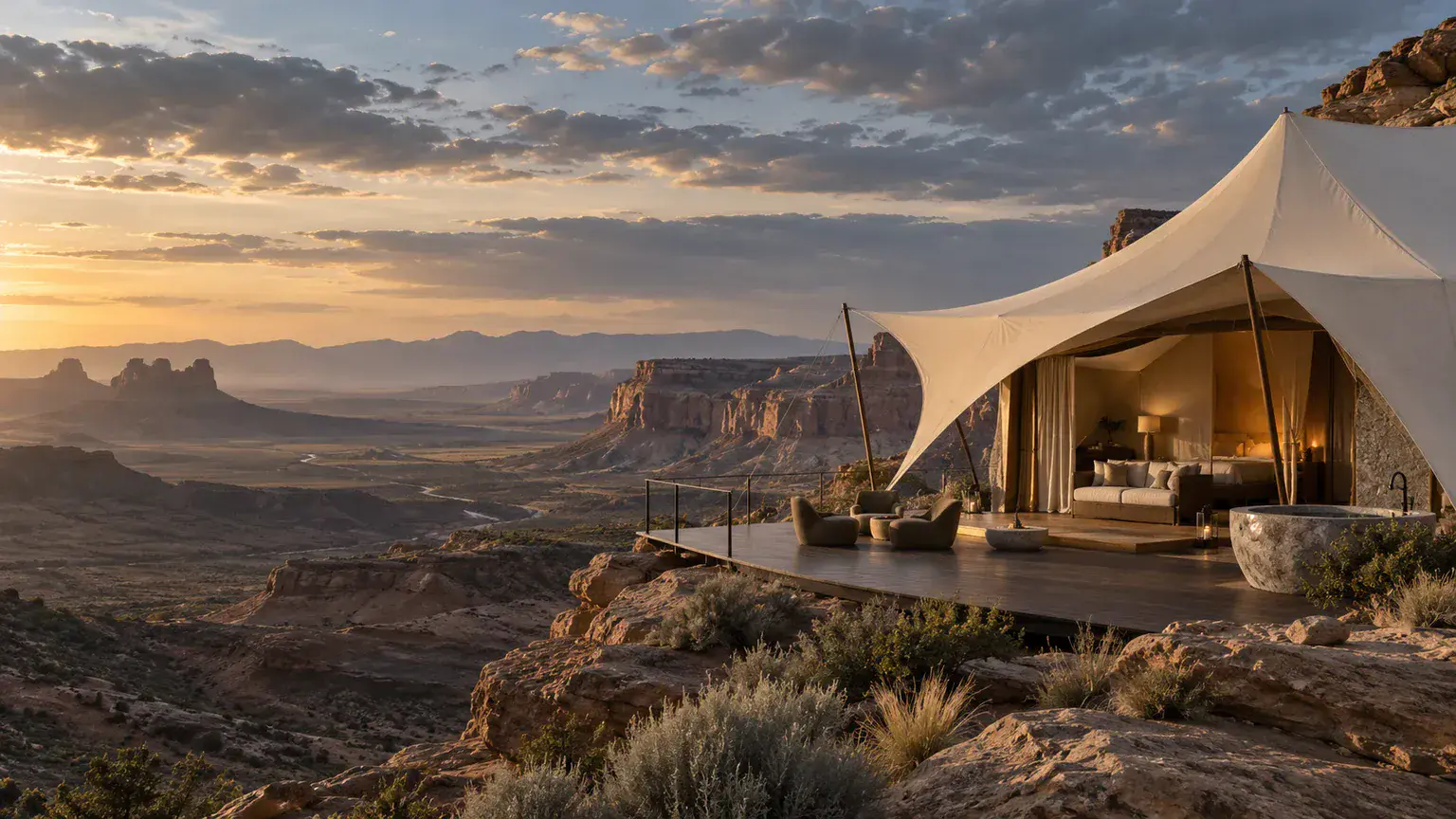 An imagined architectural canvas pavilion overlooking the desert at Aurora Sands, an original Evermore concept