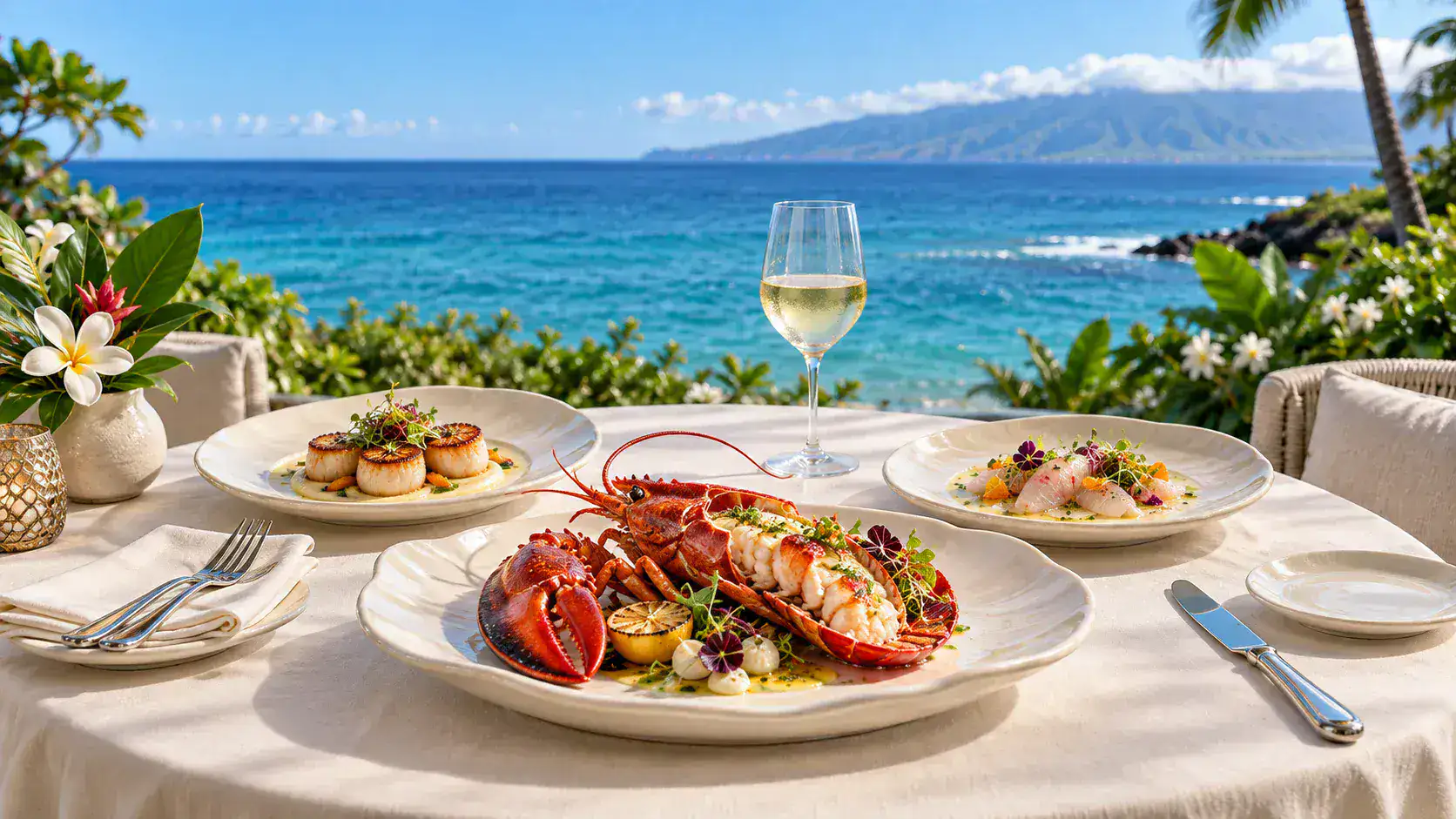 Seafood and wine on an oceanfront restaurant table