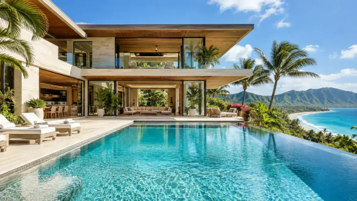 A luminous limestone and teak oceanfront estate with an infinity pool and tropical gardens