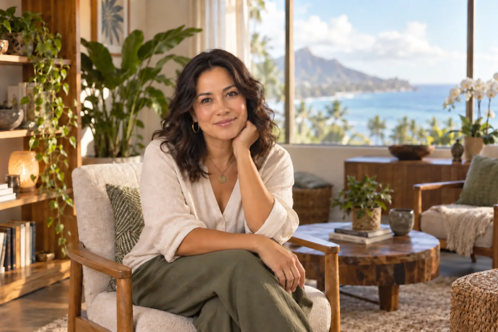 Illustrative counselor in a warm, plant-filled room overlooking the Hawaiʻi coast