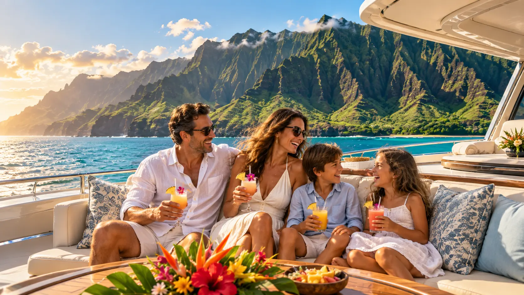 Family aboard a yacht beside green coastal cliffs in golden light
