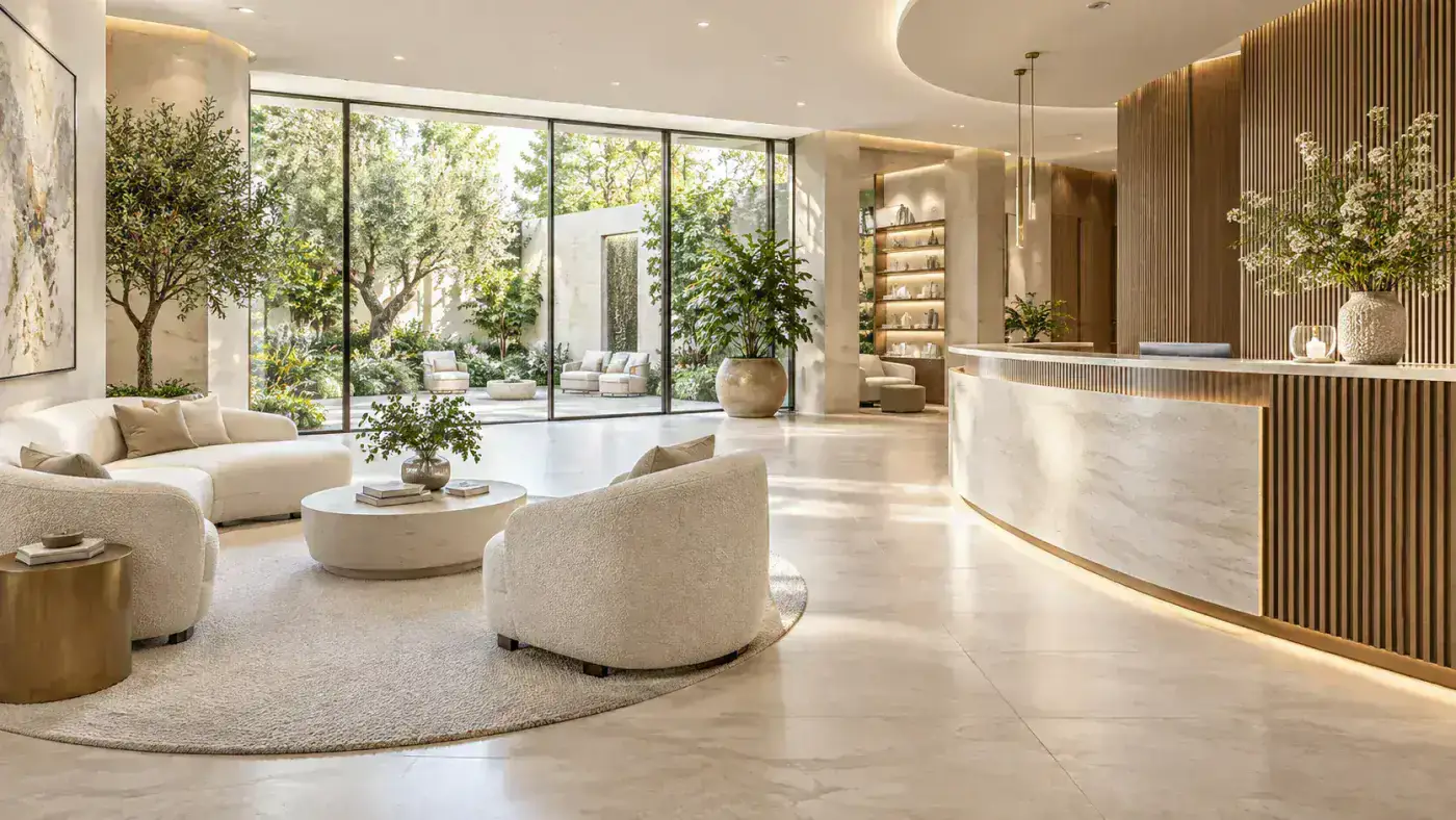 A luminous aesthetic house with sculptural cream seating, limestone reception, and a leafy garden courtyard