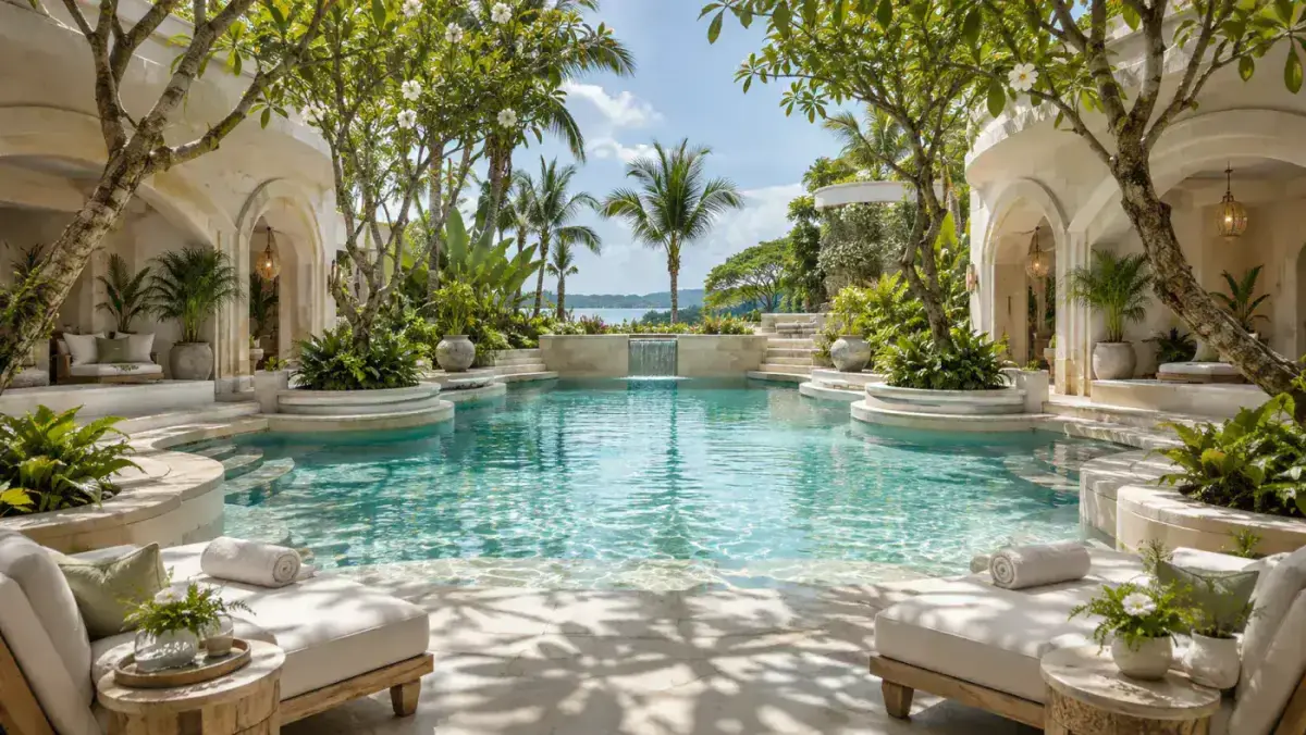 A tranquil aquamarine spa pool framed by rounded limestone architecture and lush tropical gardens